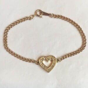 Vintage Gold Toned Rhinestone Heart and Chain Bracelet, 6 1/2”
